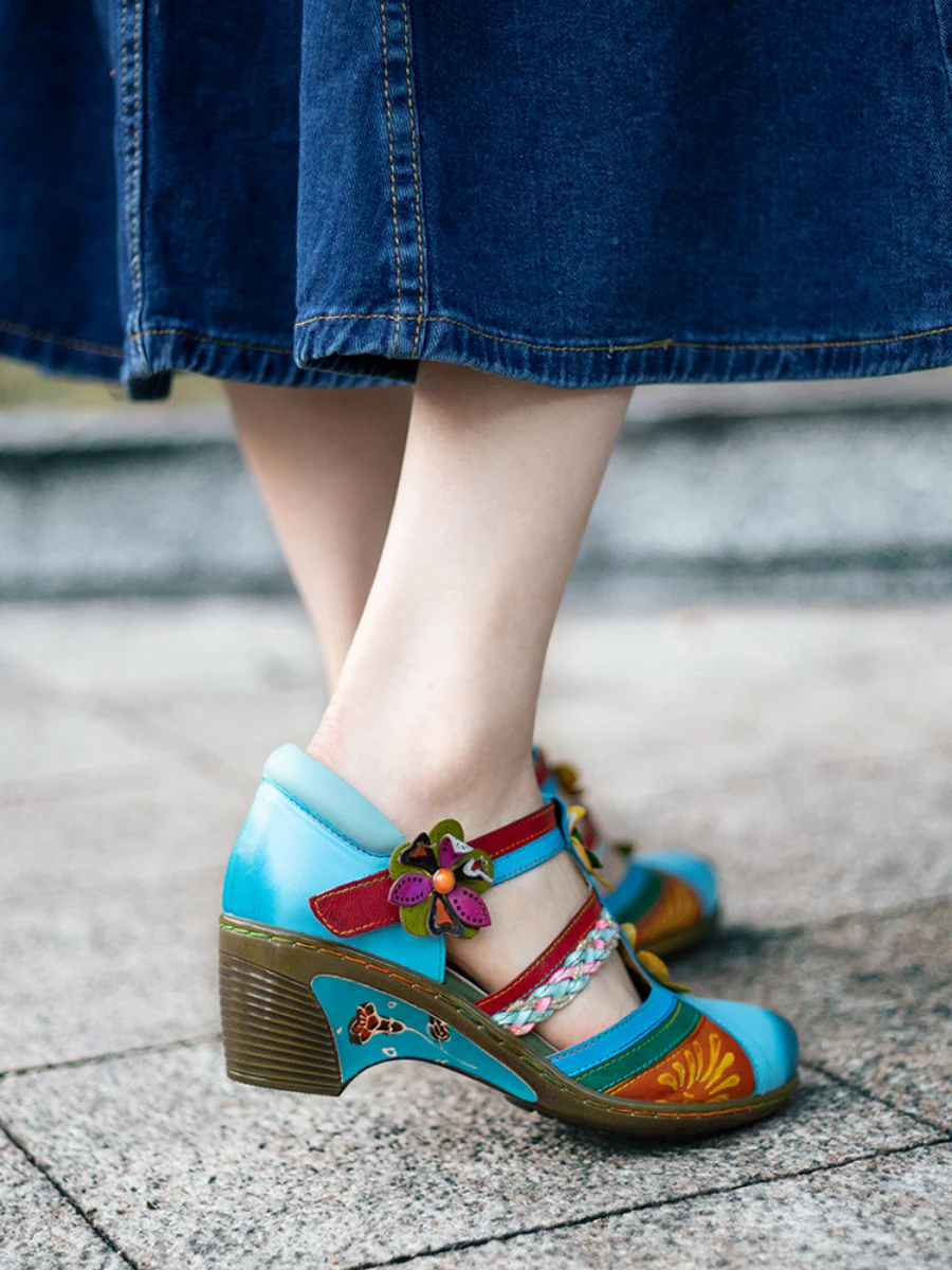 SOFFIA | Genuine Leather Applique Floral Craft Cut-Out Leather Sandals - Image 3