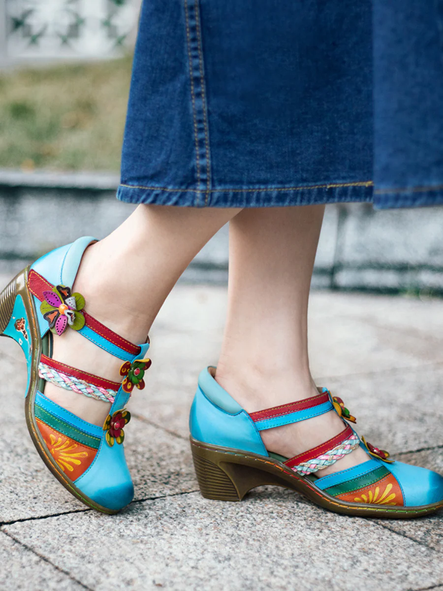 SOFFIA | Genuine Leather Applique Floral Craft Cut-Out Leather Sandals - Image 5