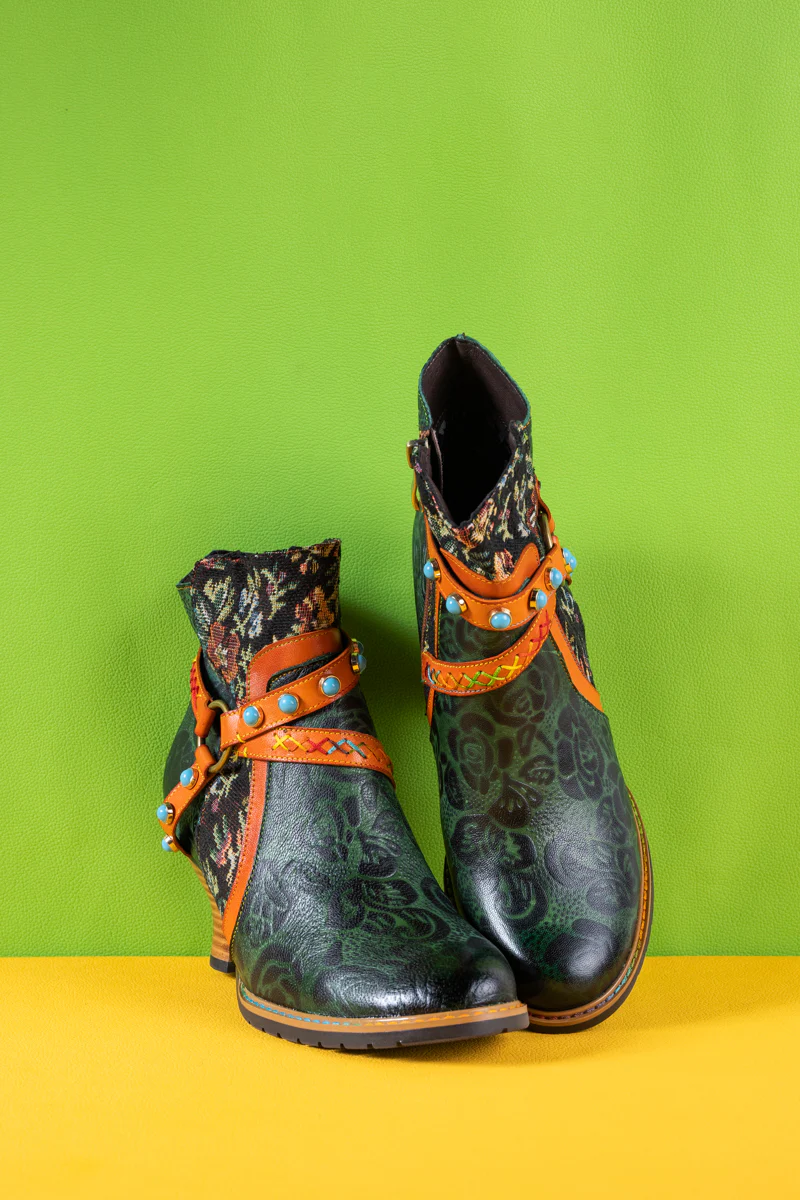 Soffia | Arden Vintage Rose Embossed Leather Ankle Bootie - Image 9
