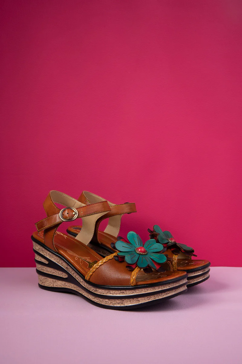 Soffia | Asmara Floral Head Applique Leather Wedge - Image 7