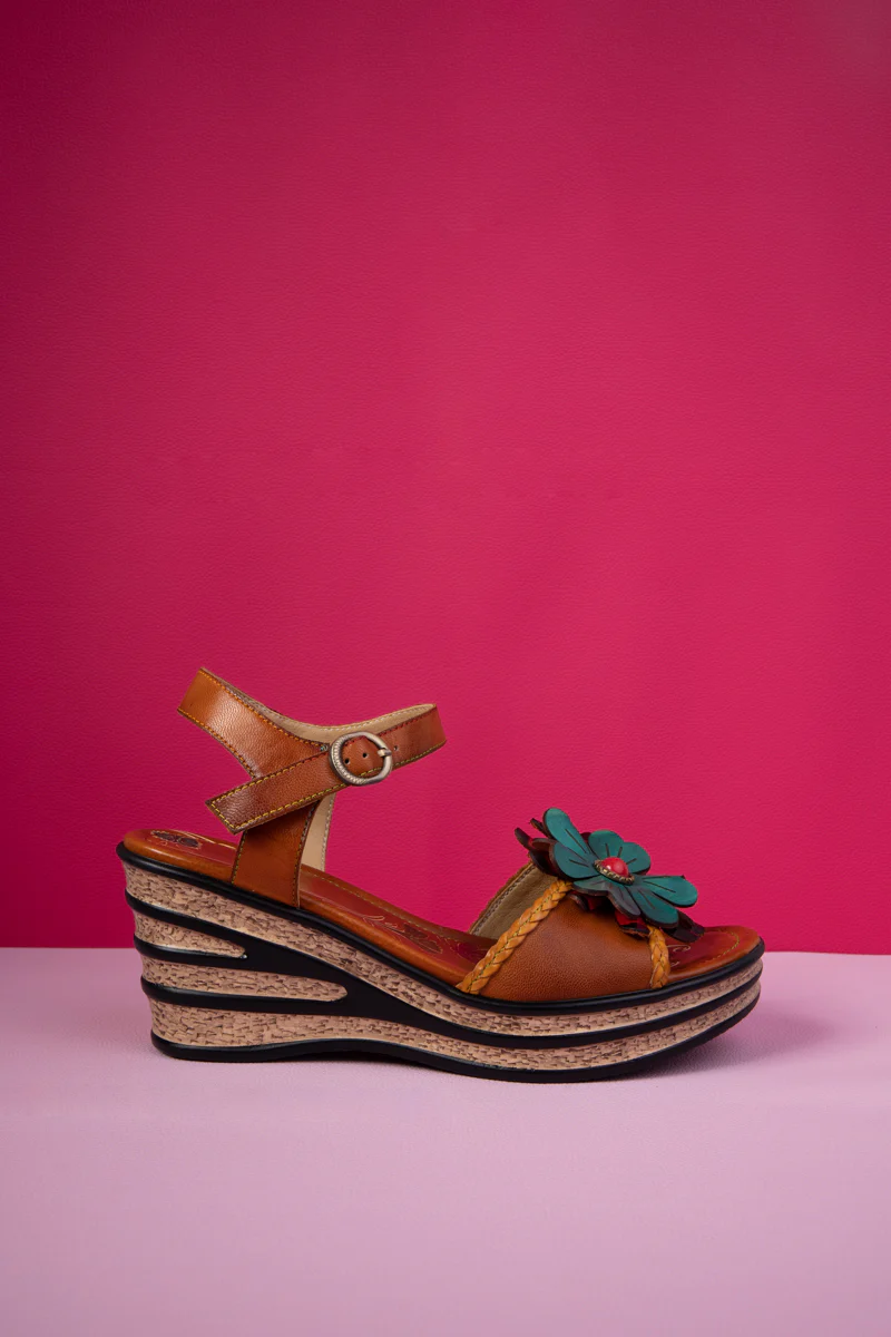 Soffia | Asmara Floral Head Applique Leather Wedge - Image 8