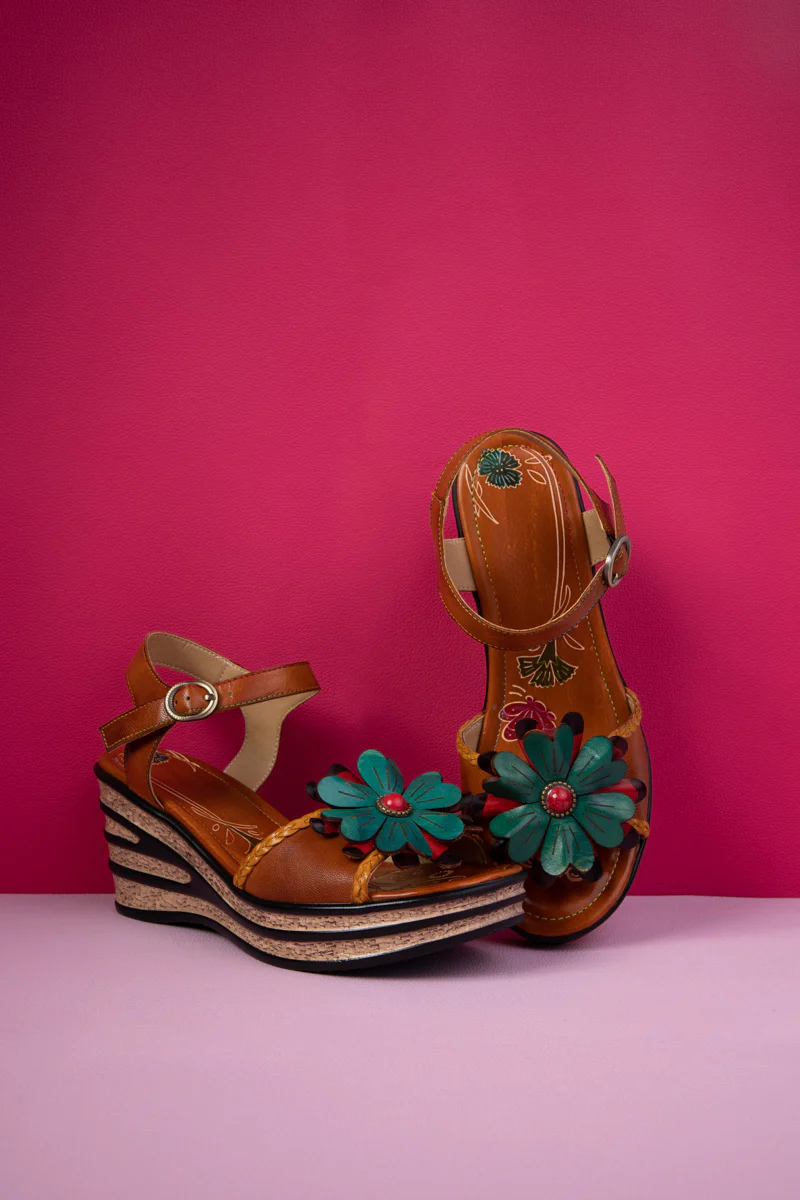 Soffia | Asmara Floral Head Applique Leather Wedge - Image 9