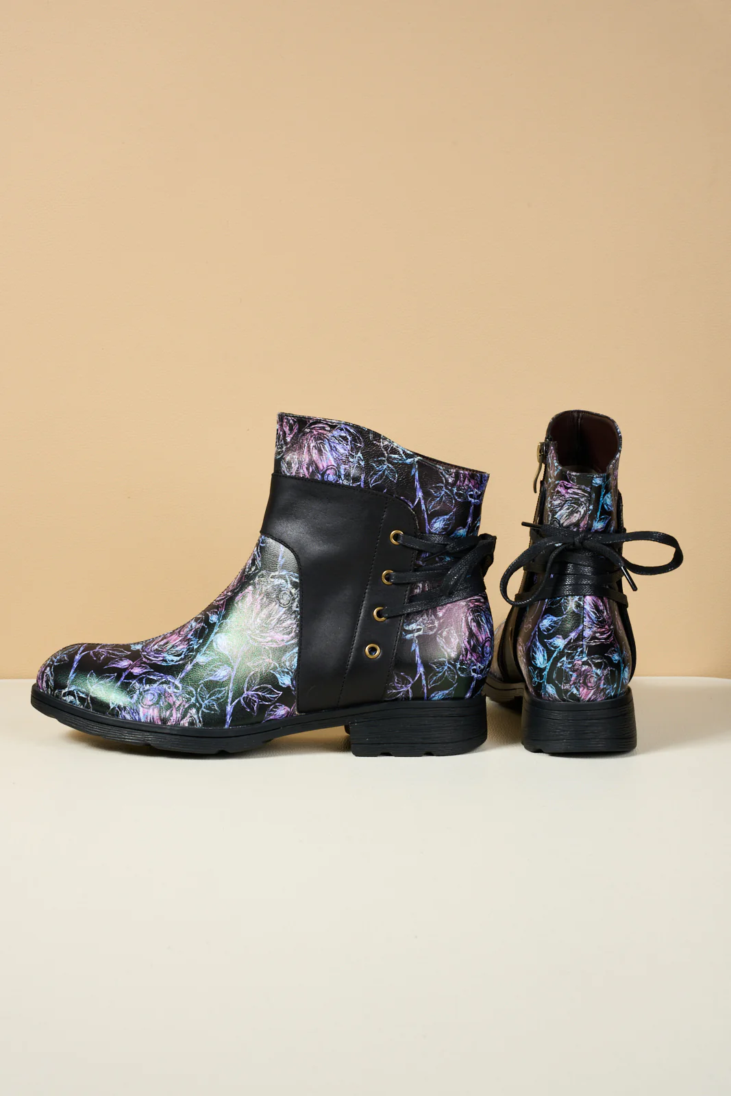 Soffia | Autumn Fields Floral Leather Ankle Booties - Black - Image 12
