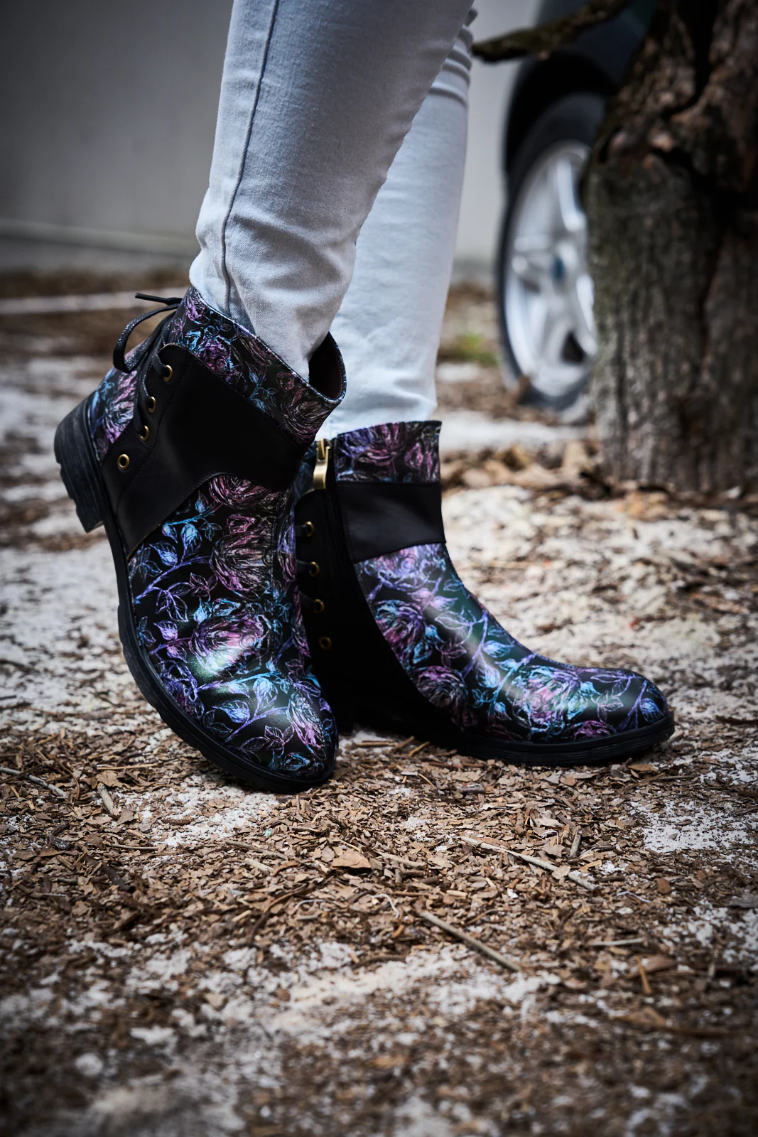 Soffia | Autumn Fields Floral Leather Ankle Booties - Black - Image 3