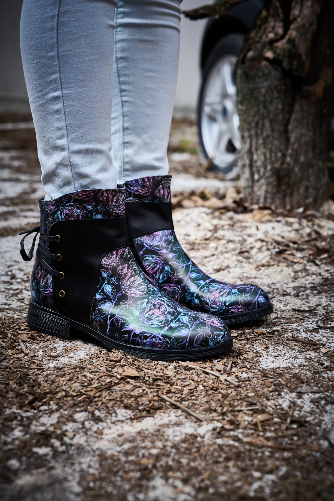Soffia | Autumn Fields Floral Leather Ankle Booties - Black - Image 5