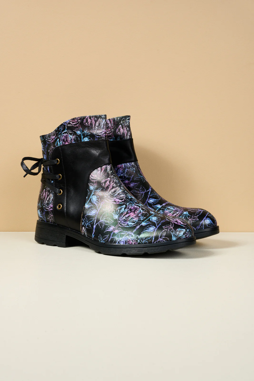 Soffia | Autumn Fields Floral Leather Ankle Booties - Black - Image 9