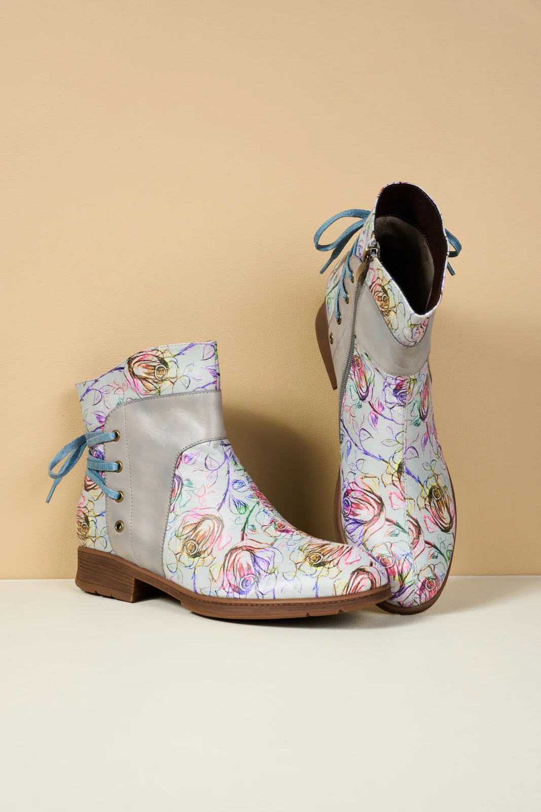 Soffia | Autumn Fields Floral Leather Ankle Booties - Grey - Image 10