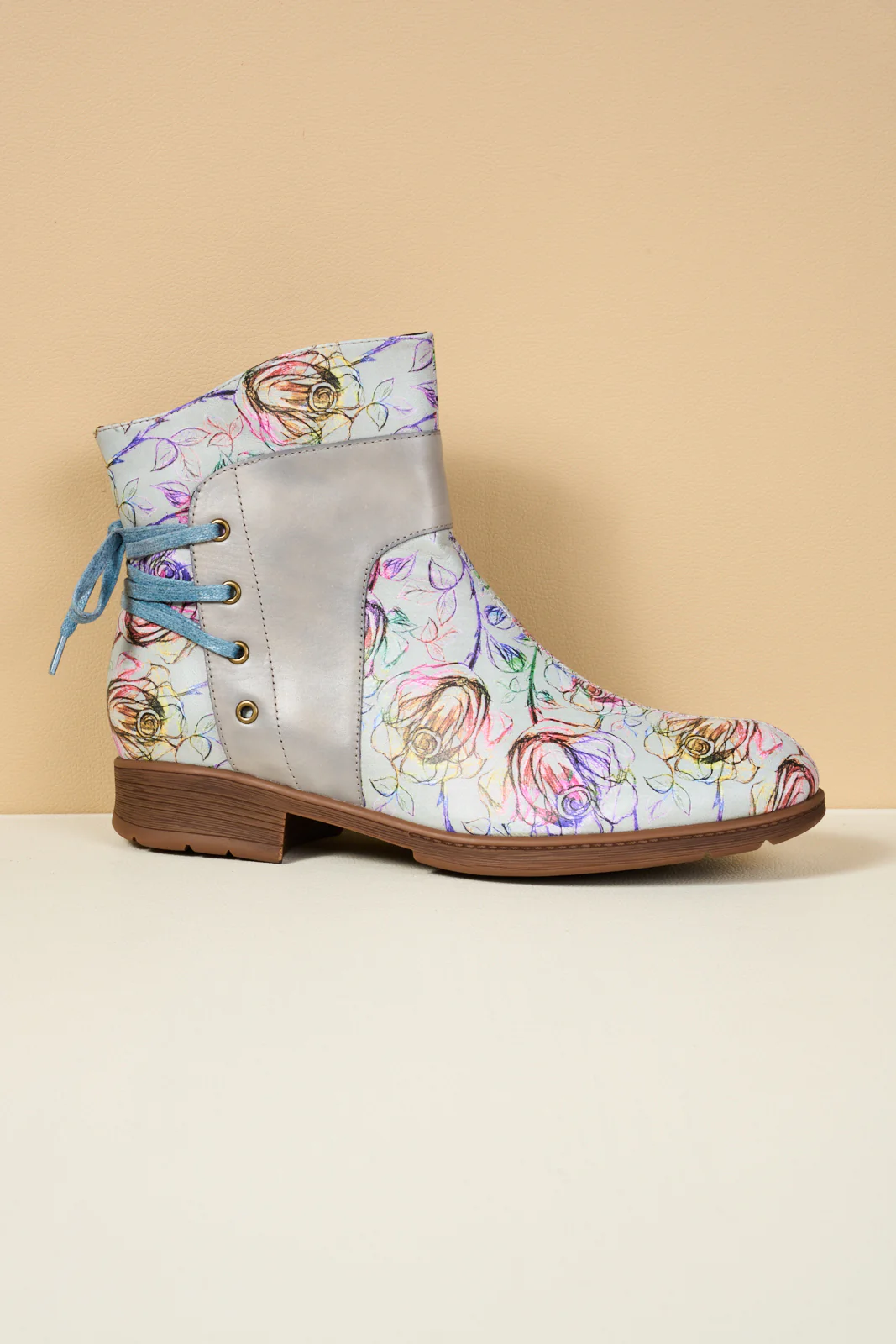 Soffia | Autumn Fields Floral Leather Ankle Booties - Grey - Image 11