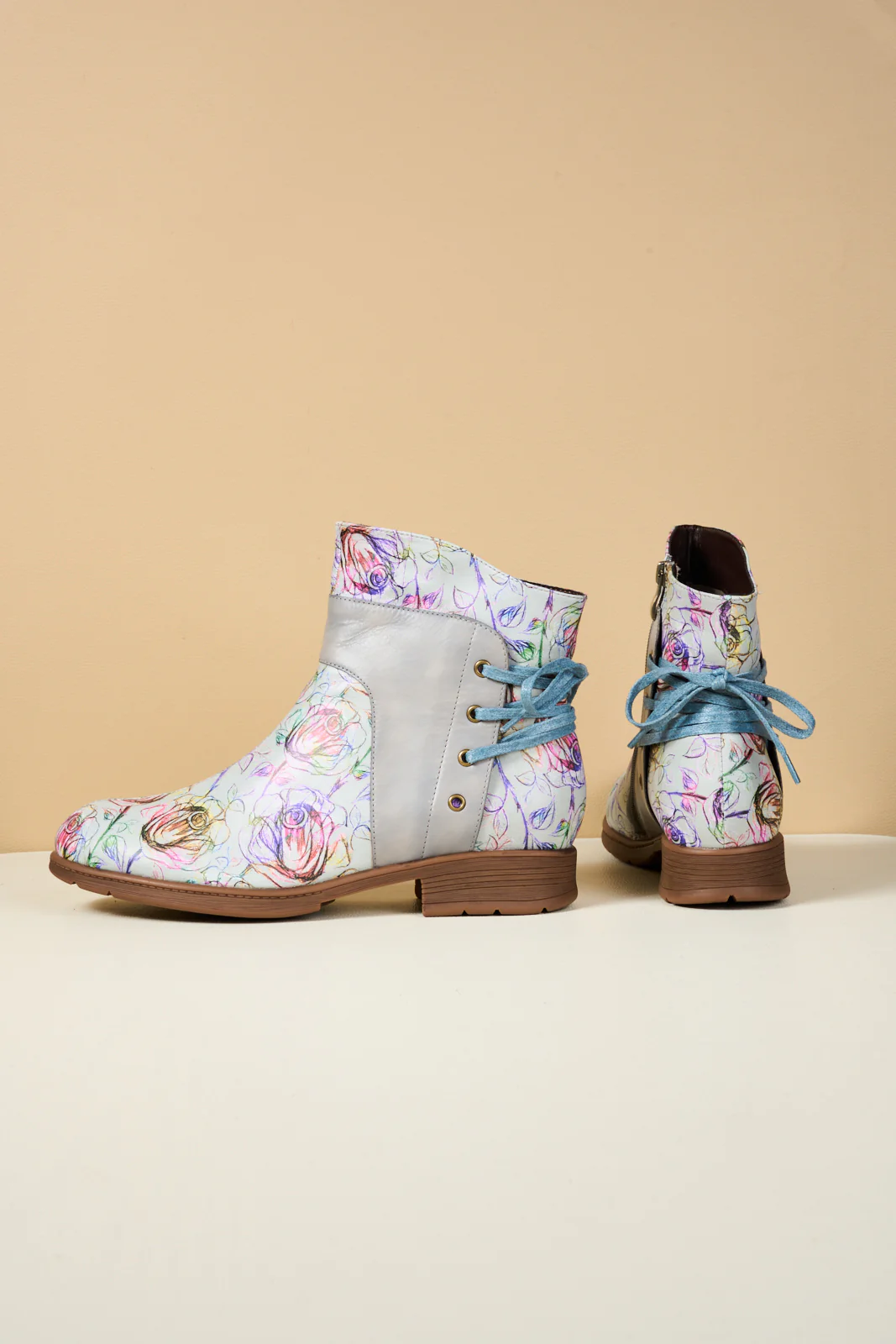 Soffia | Autumn Fields Floral Leather Ankle Booties - Grey - Image 12