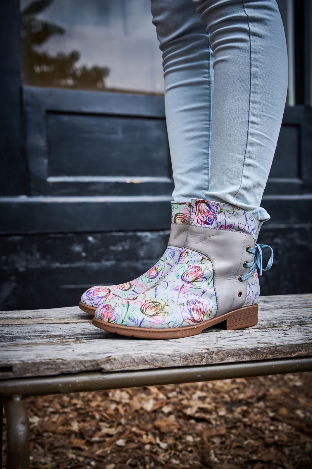 Soffia | Autumn Fields Floral Leather Ankle Booties - Grey - Image 3