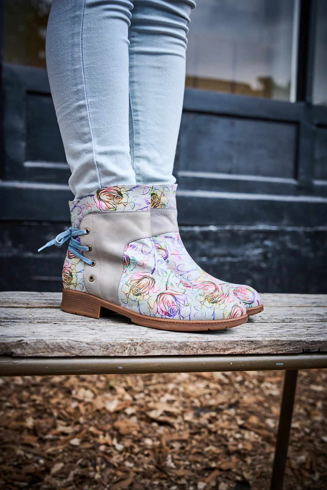 Soffia | Autumn Fields Floral Leather Ankle Booties - Grey - Image 4