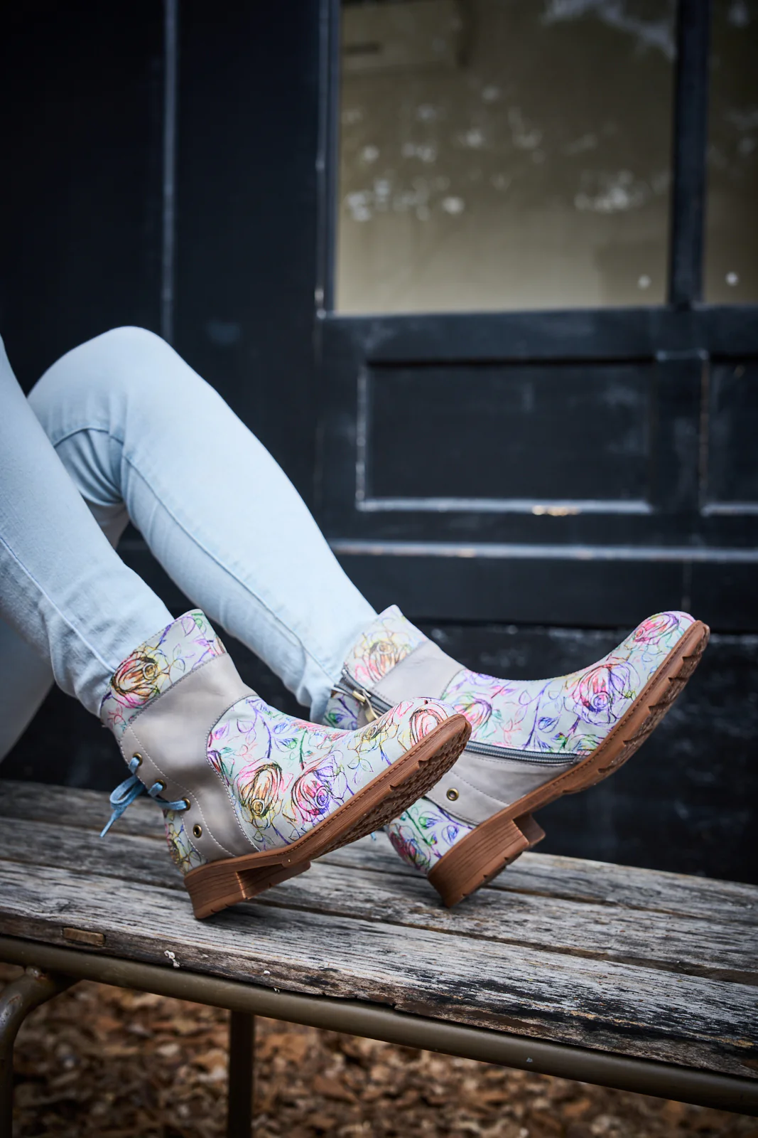 Soffia | Autumn Fields Floral Leather Ankle Booties - Grey - Image 6