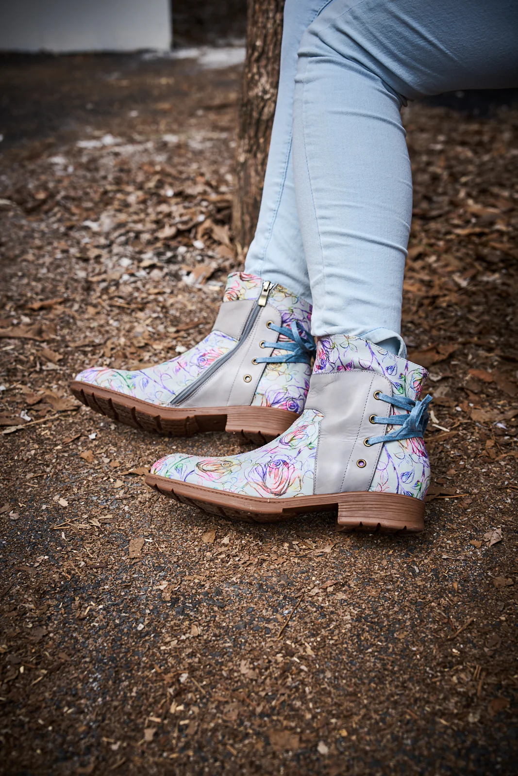 Soffia | Autumn Fields Floral Leather Ankle Booties - Grey - Image 8