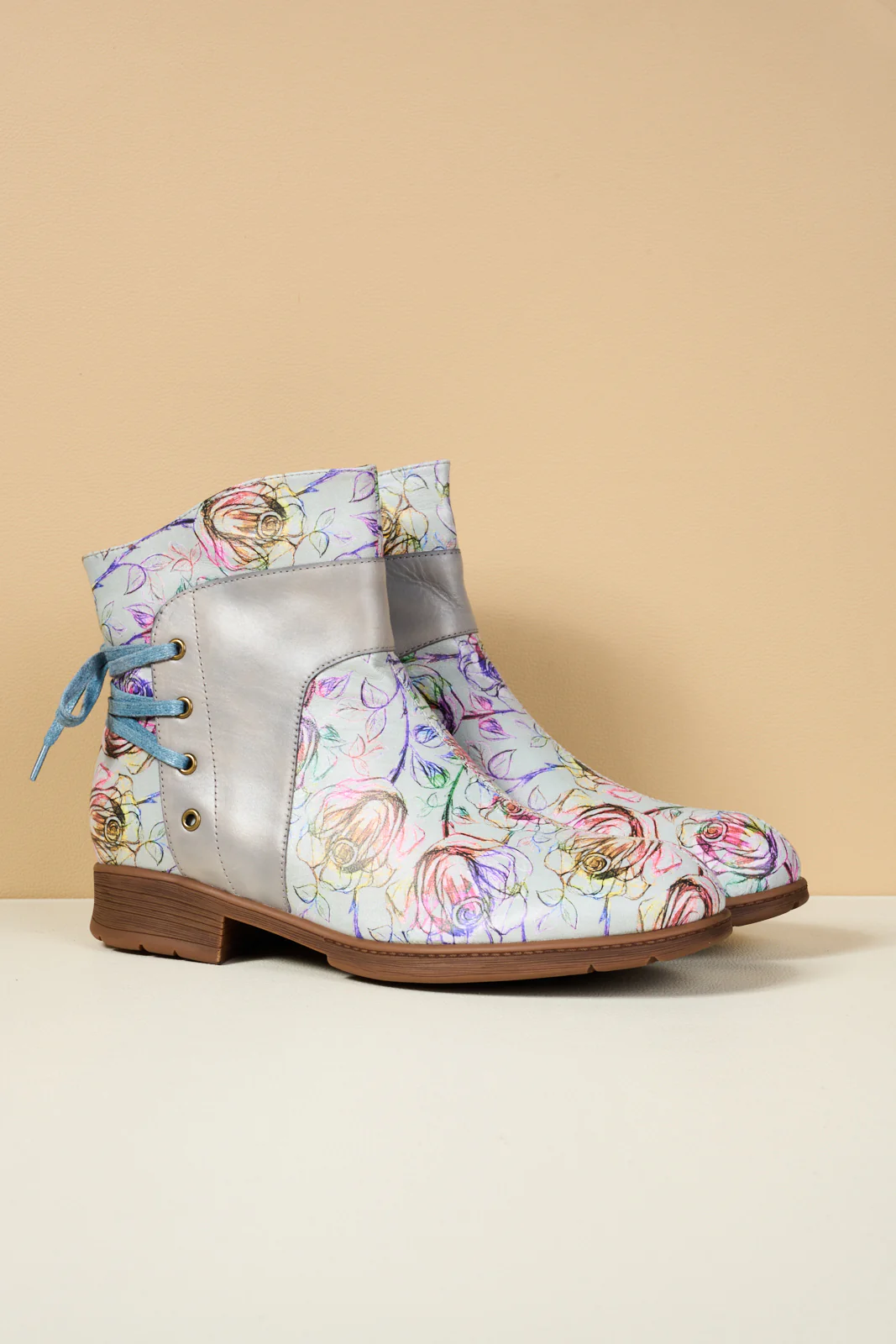 Soffia | Autumn Fields Floral Leather Ankle Booties - Grey - Image 9