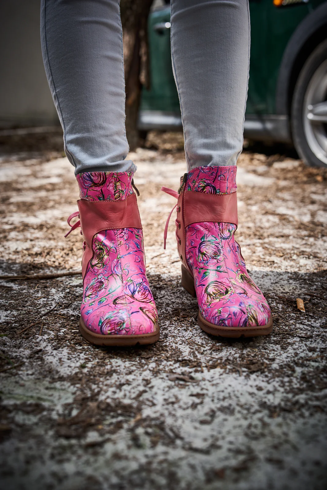 Soffia | Autumn Fields Floral Leather Ankle Booties - Pink - Image 3