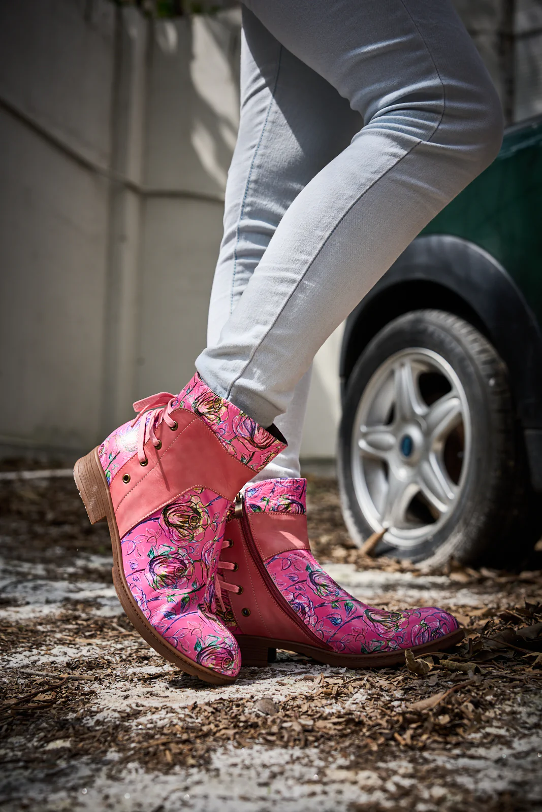 Soffia | Autumn Fields Floral Leather Ankle Booties - Pink - Image 7