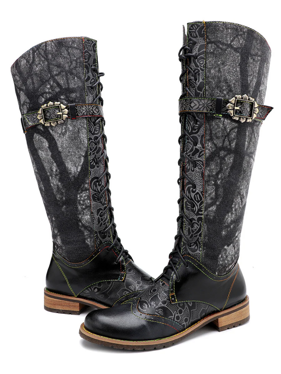 Soffia | Genuine Leather Black Forest Tie-Accent Boho High Boots Knee Boots - Image 10
