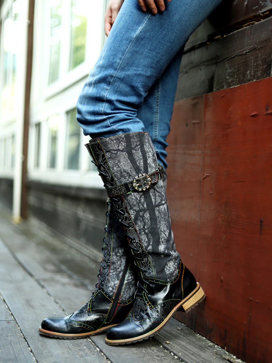 Soffia | Genuine Leather Black Forest Tie-Accent Boho High Boots Knee Boots - Image 3