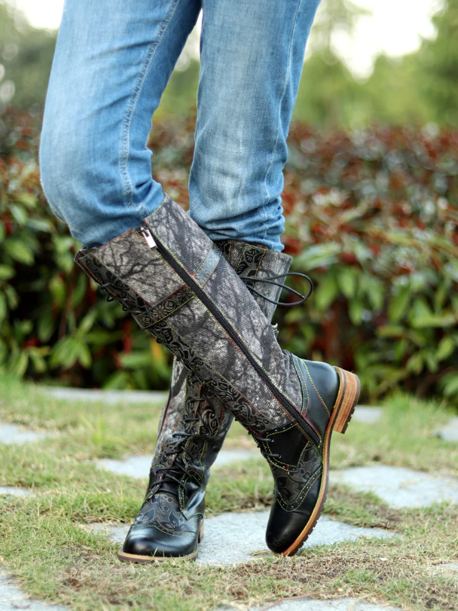 Soffia | Genuine Leather Black Forest Tie-Accent Boho High Boots Knee Boots - Image 4