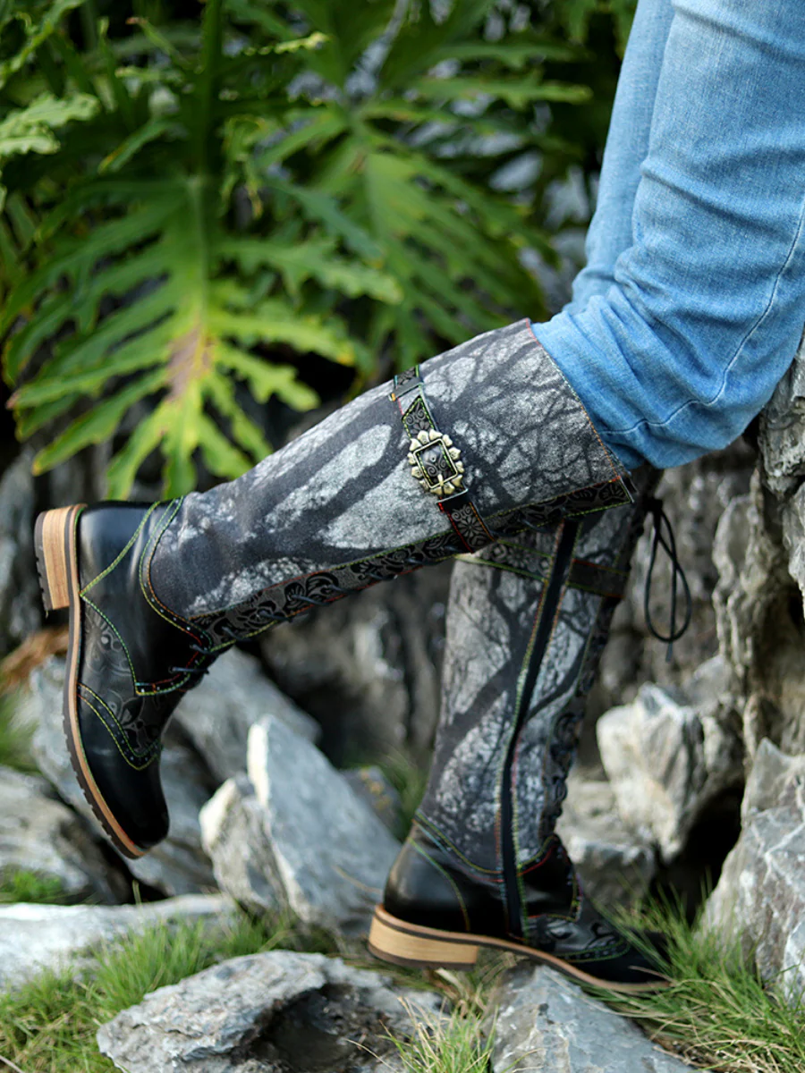 Soffia | Genuine Leather Black Forest Tie-Accent Boho High Boots Knee Boots - Image 5