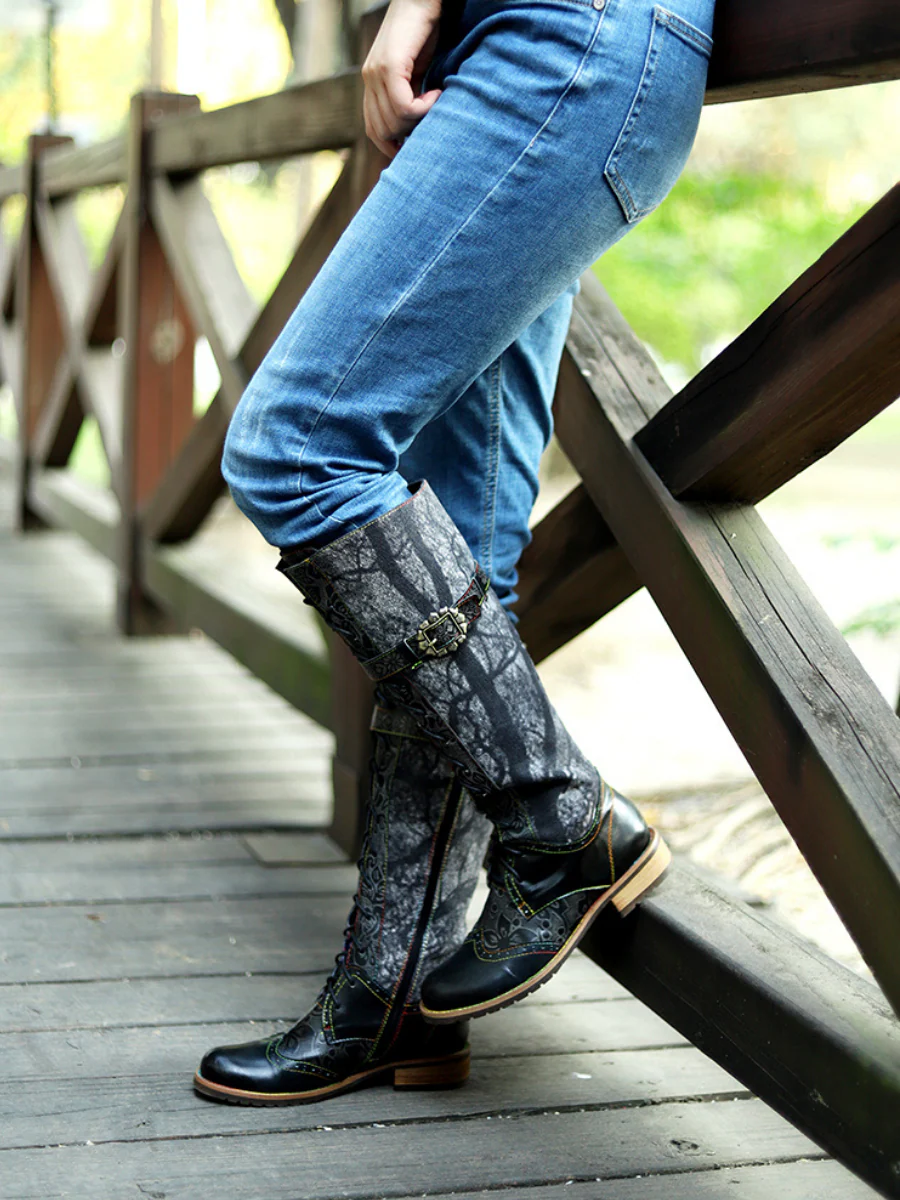 Soffia | Genuine Leather Black Forest Tie-Accent Boho High Boots Knee Boots - Image 6
