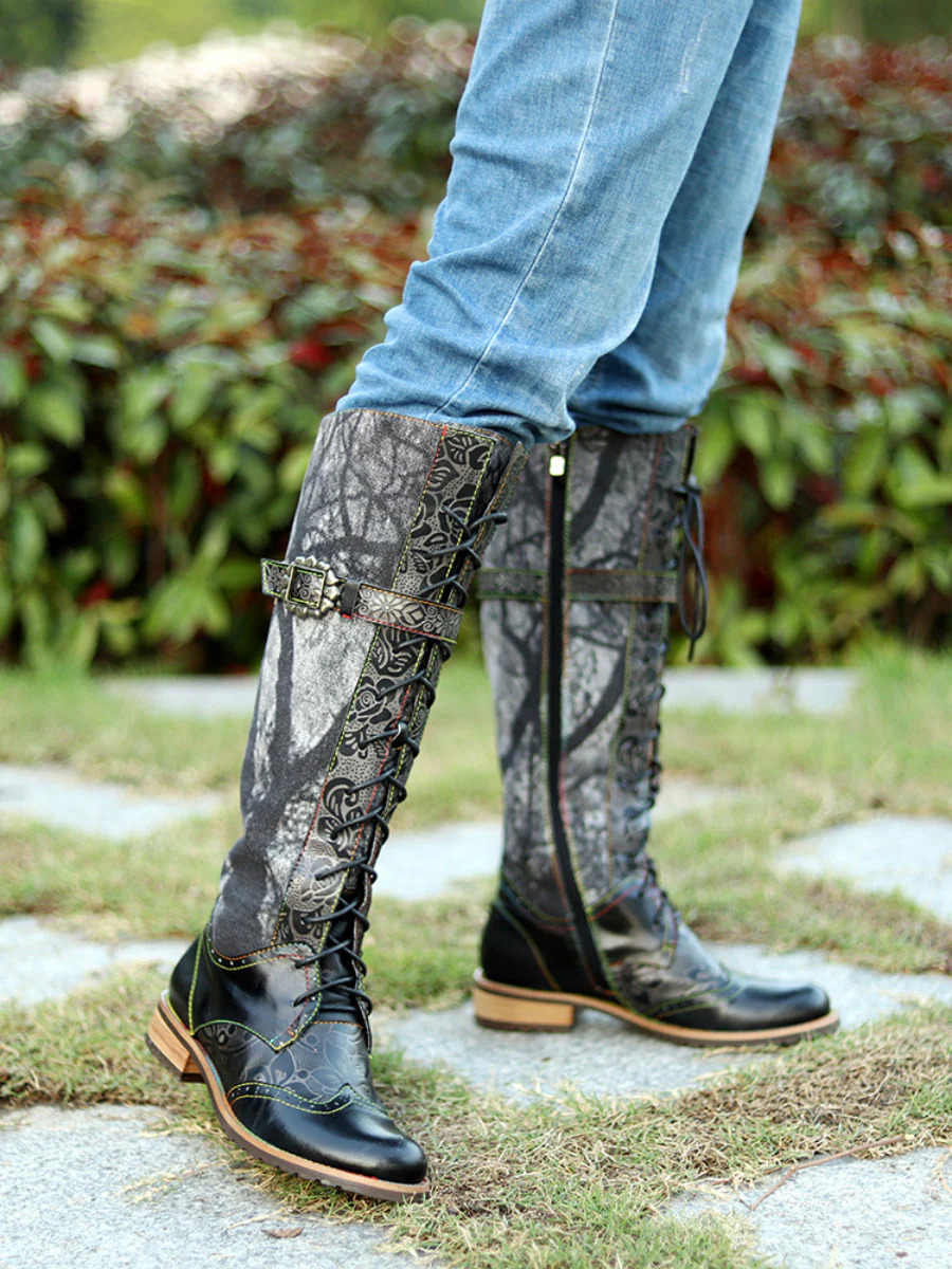 Soffia | Genuine Leather Black Forest Tie-Accent Boho High Boots Knee Boots - Image 7