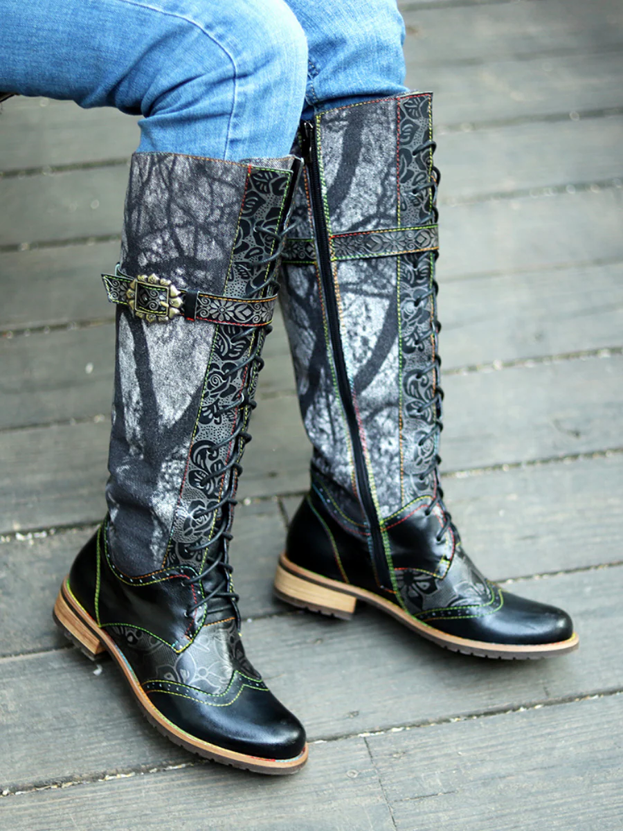 Soffia | Genuine Leather Black Forest Tie-Accent Boho High Boots Knee Boots - Image 8