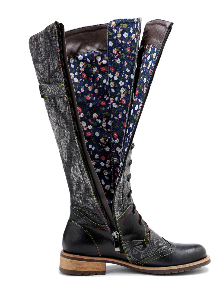Soffia | Genuine Leather Black Forest Tie-Accent Boho High Boots Knee Boots - Image 9