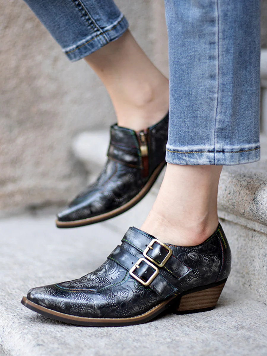 Soffia | Floral Embossed Leather Monk - Image 3