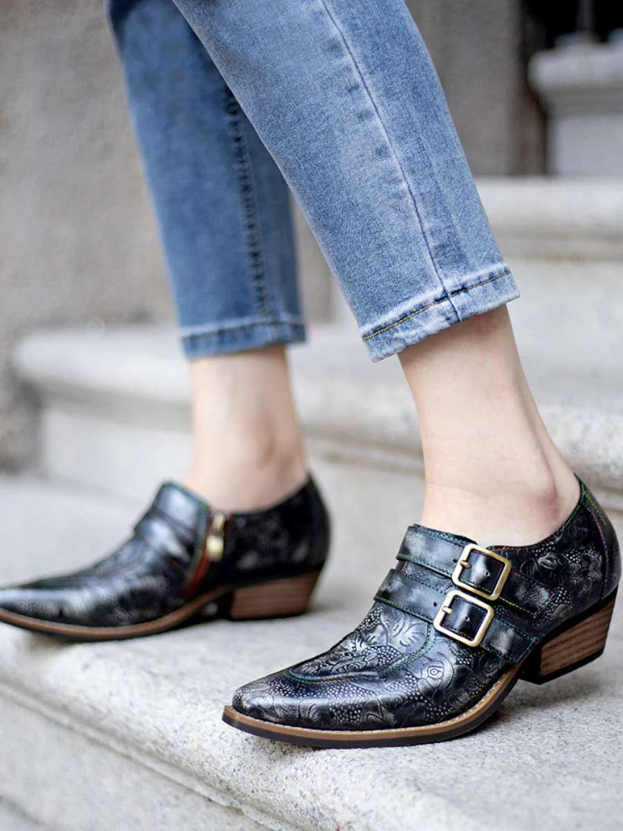 Soffia | Floral Embossed Leather Monk - Image 4