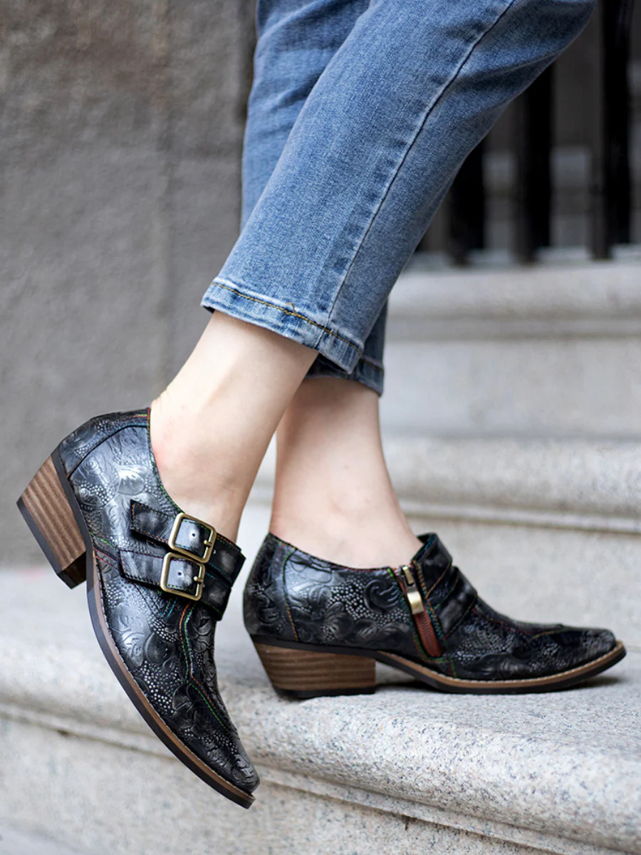 Soffia | Floral Embossed Leather Monk - Image 5