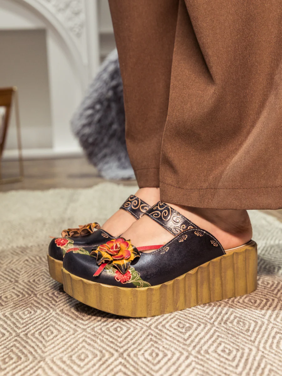 SOFFIA | Genuine Leather Black Ribbed-Sole Floral Appliqued Platform Sandals Clogs - Image 3