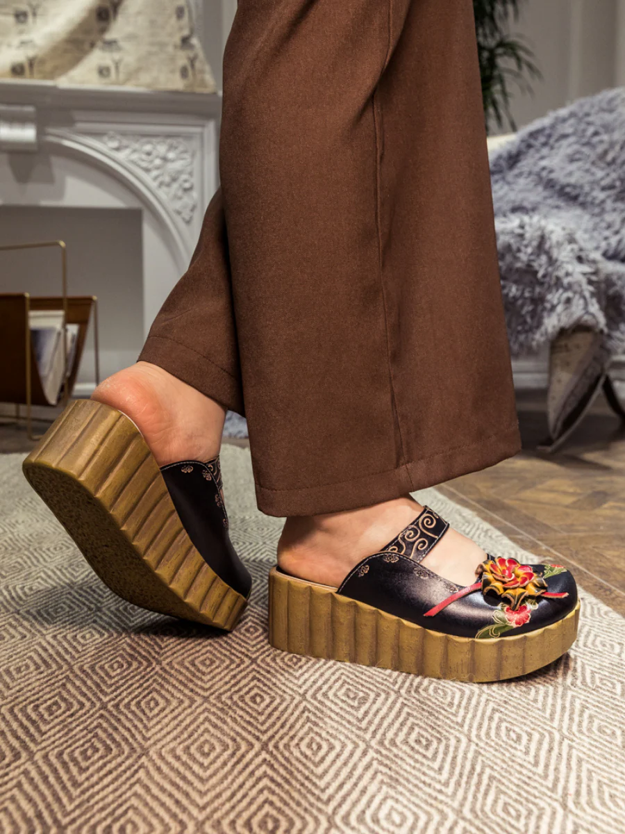 SOFFIA | Genuine Leather Black Ribbed-Sole Floral Appliqued Platform Sandals Clogs - Image 5