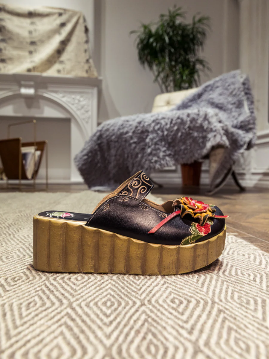 SOFFIA | Genuine Leather Black Ribbed-Sole Floral Appliqued Platform Sandals Clogs - Image 6
