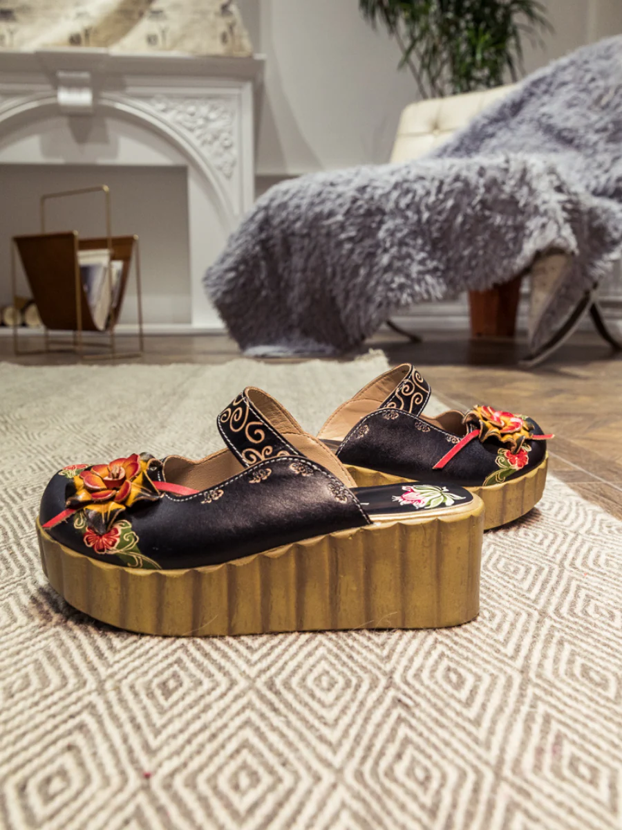 SOFFIA | Genuine Leather Black Ribbed-Sole Floral Appliqued Platform Sandals Clogs - Image 7