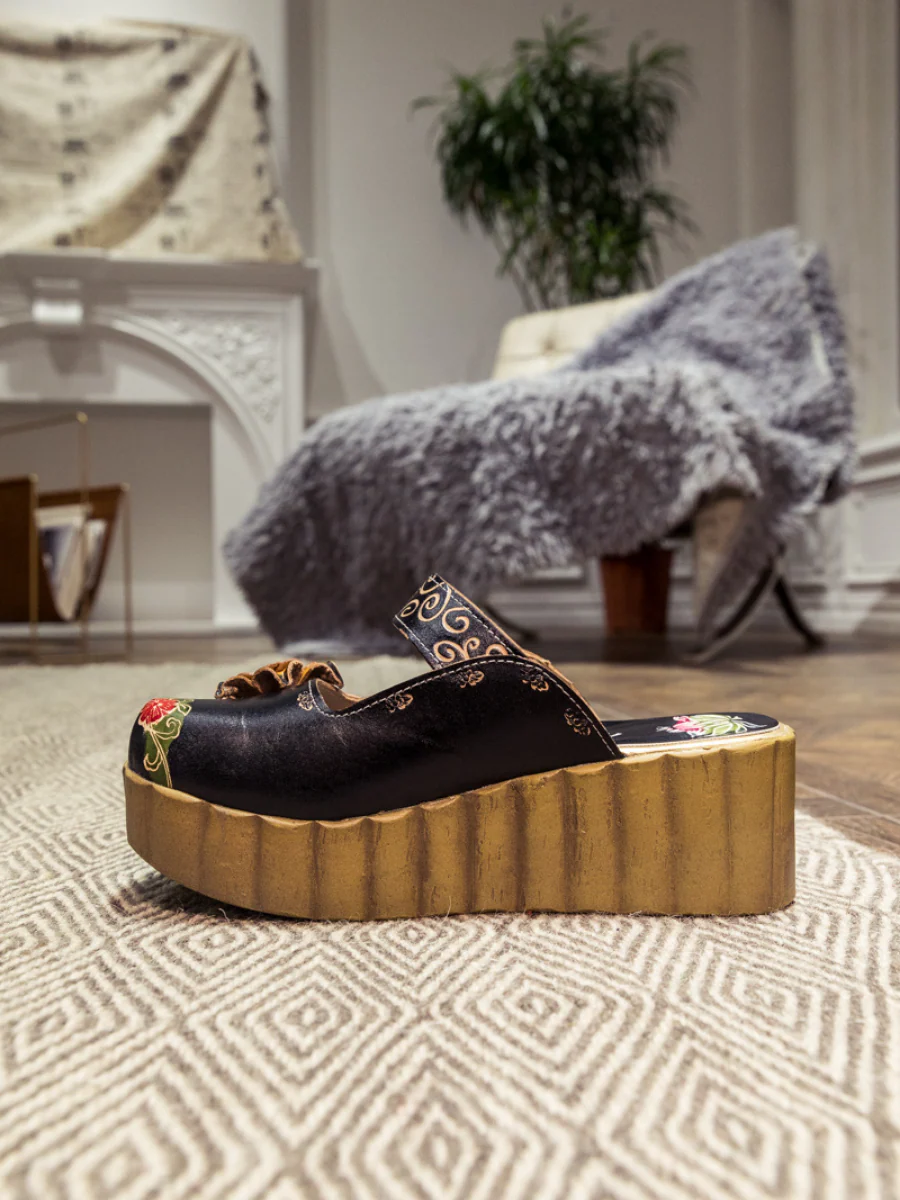 SOFFIA | Genuine Leather Black Ribbed-Sole Floral Appliqued Platform Sandals Clogs - Image 8