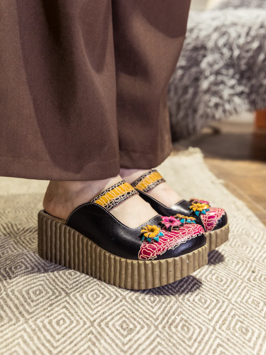 SOFFIA | Genuine Leather Black Ribbed-Sole Tri-Floral Appliqued Clogs - Image 3