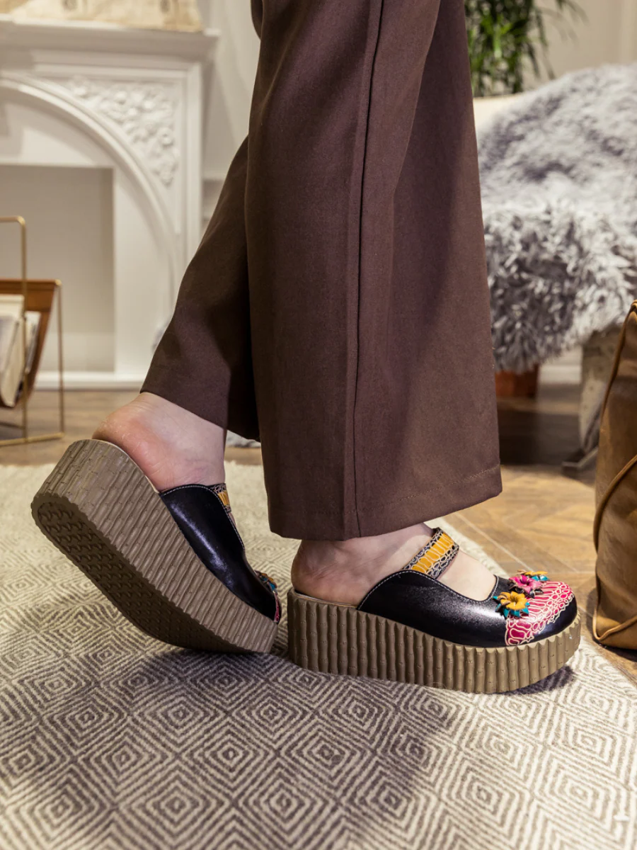SOFFIA | Genuine Leather Black Ribbed-Sole Tri-Floral Appliqued Clogs - Image 5