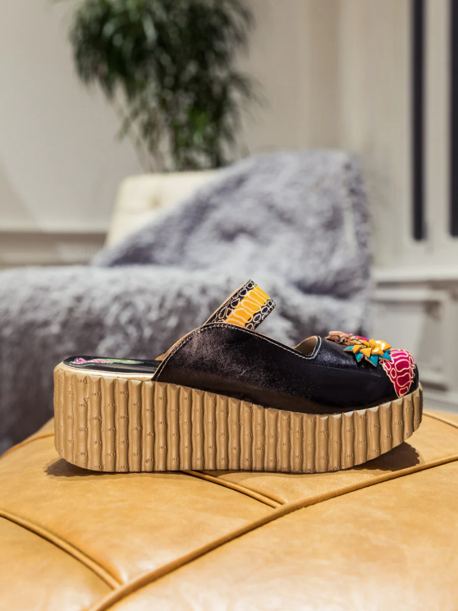 SOFFIA | Genuine Leather Black Ribbed-Sole Tri-Floral Appliqued Clogs - Image 6
