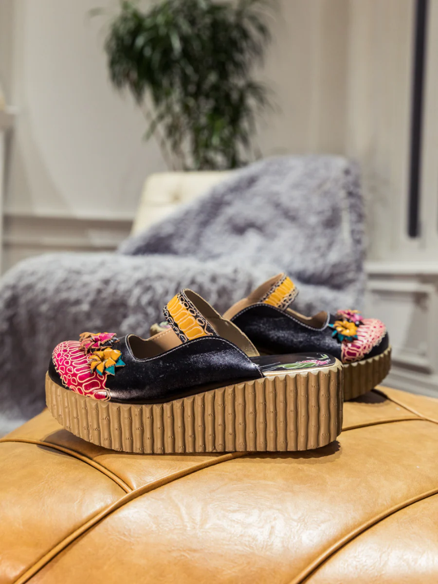 SOFFIA | Genuine Leather Black Ribbed-Sole Tri-Floral Appliqued Clogs - Image 7