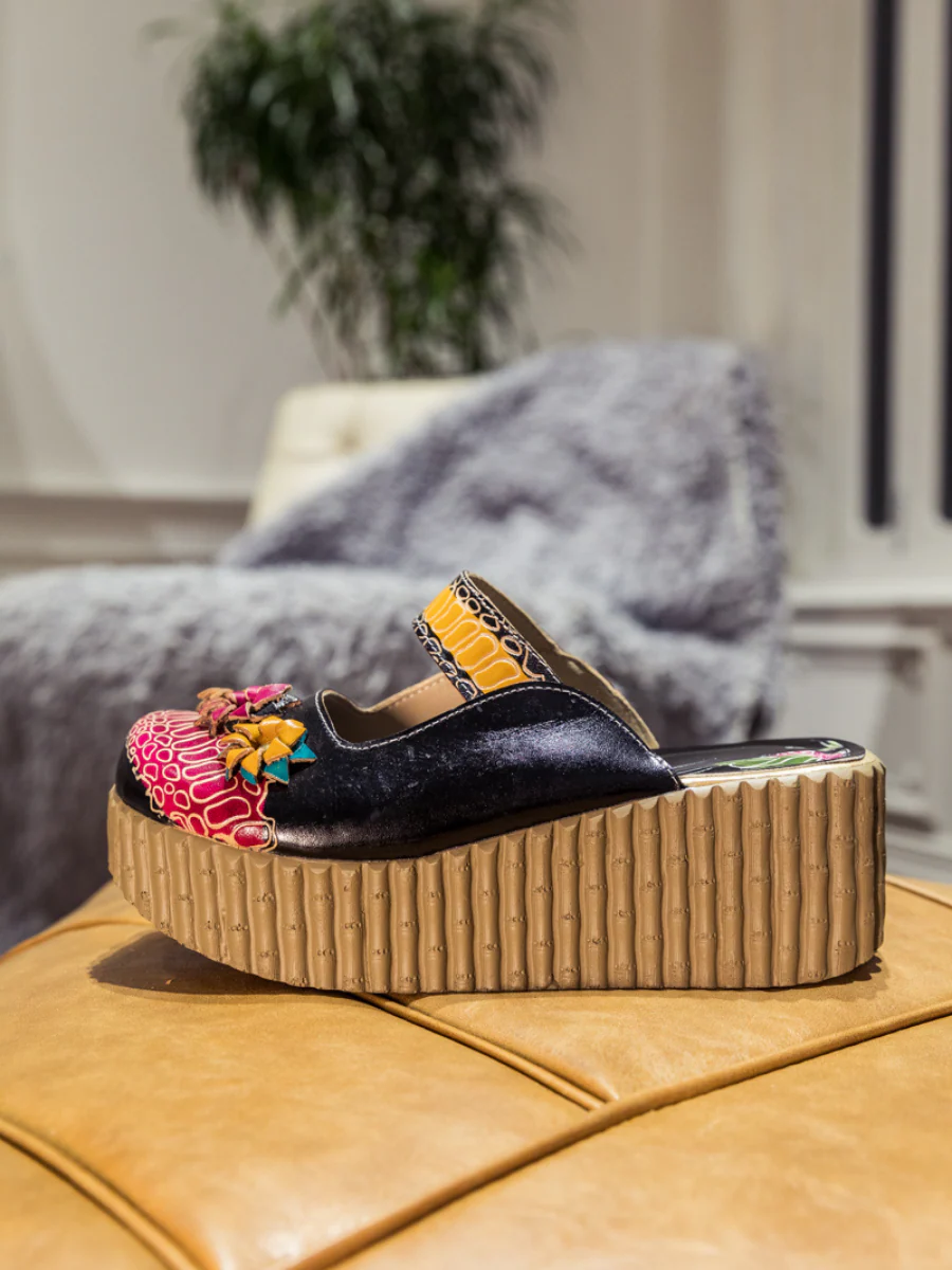 SOFFIA | Genuine Leather Black Ribbed-Sole Tri-Floral Appliqued Clogs - Image 8