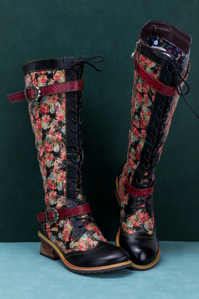 SOFFIA | BLOOMING FLORAL TIE-ACCENT LEATHER KNEE HIGH BOOT - Image 10