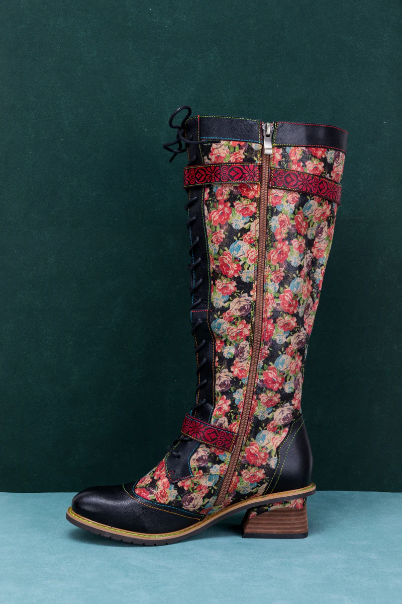 SOFFIA | BLOOMING FLORAL TIE-ACCENT LEATHER KNEE HIGH BOOT - Image 12