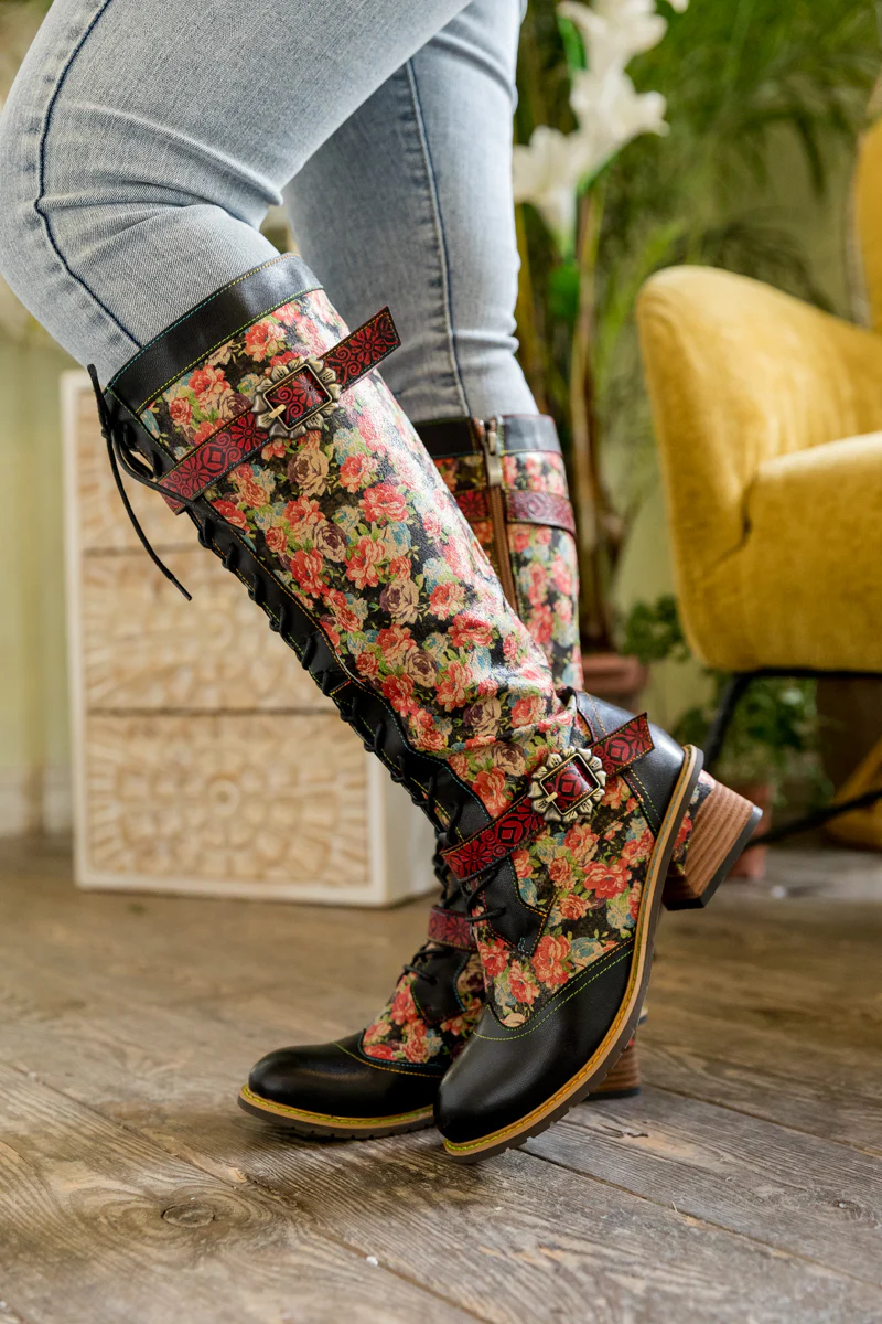 SOFFIA | BLOOMING FLORAL TIE-ACCENT LEATHER KNEE HIGH BOOT - Image 4