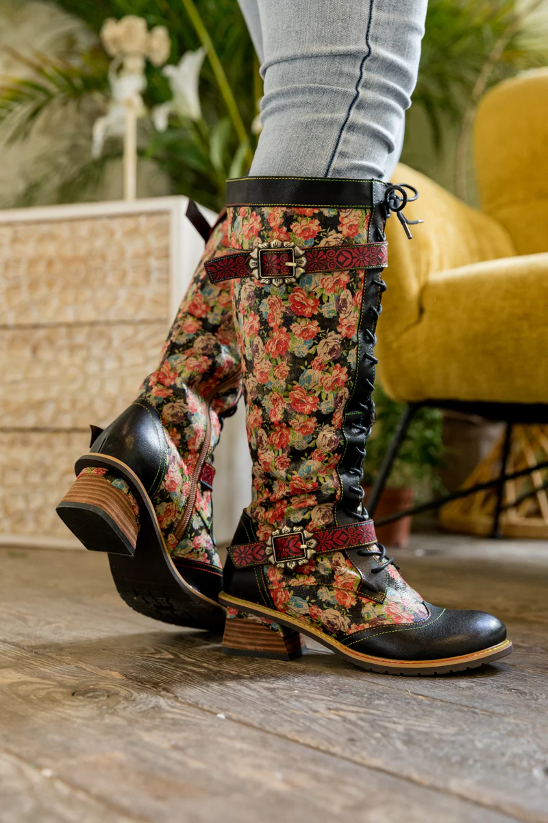 SOFFIA | BLOOMING FLORAL TIE-ACCENT LEATHER KNEE HIGH BOOT - Image 5