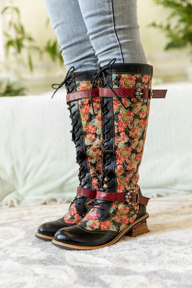 SOFFIA | BLOOMING FLORAL TIE-ACCENT LEATHER KNEE HIGH BOOT - Image 6