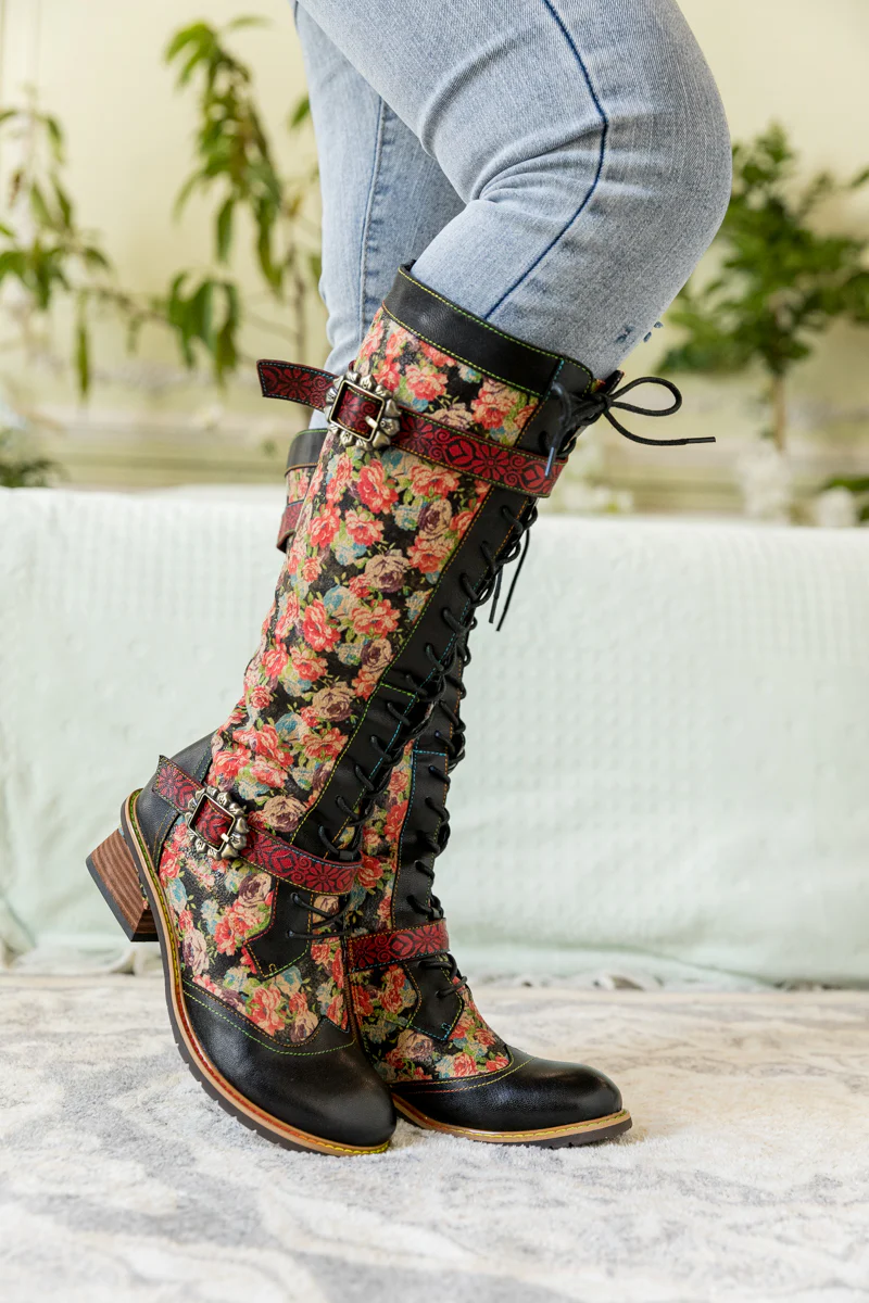 SOFFIA | BLOOMING FLORAL TIE-ACCENT LEATHER KNEE HIGH BOOT - Image 7