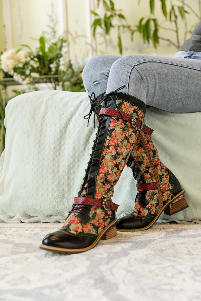 SOFFIA | BLOOMING FLORAL TIE-ACCENT LEATHER KNEE HIGH BOOT - Image 8