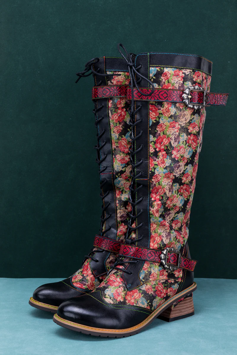 SOFFIA | BLOOMING FLORAL TIE-ACCENT LEATHER KNEE HIGH BOOT - Image 9