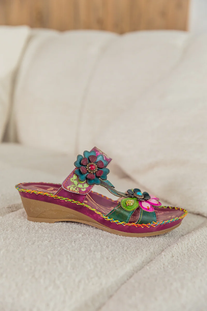 SOFFIA | Blossom Appliqued Genuine Leather Sandal Plum - Image 3